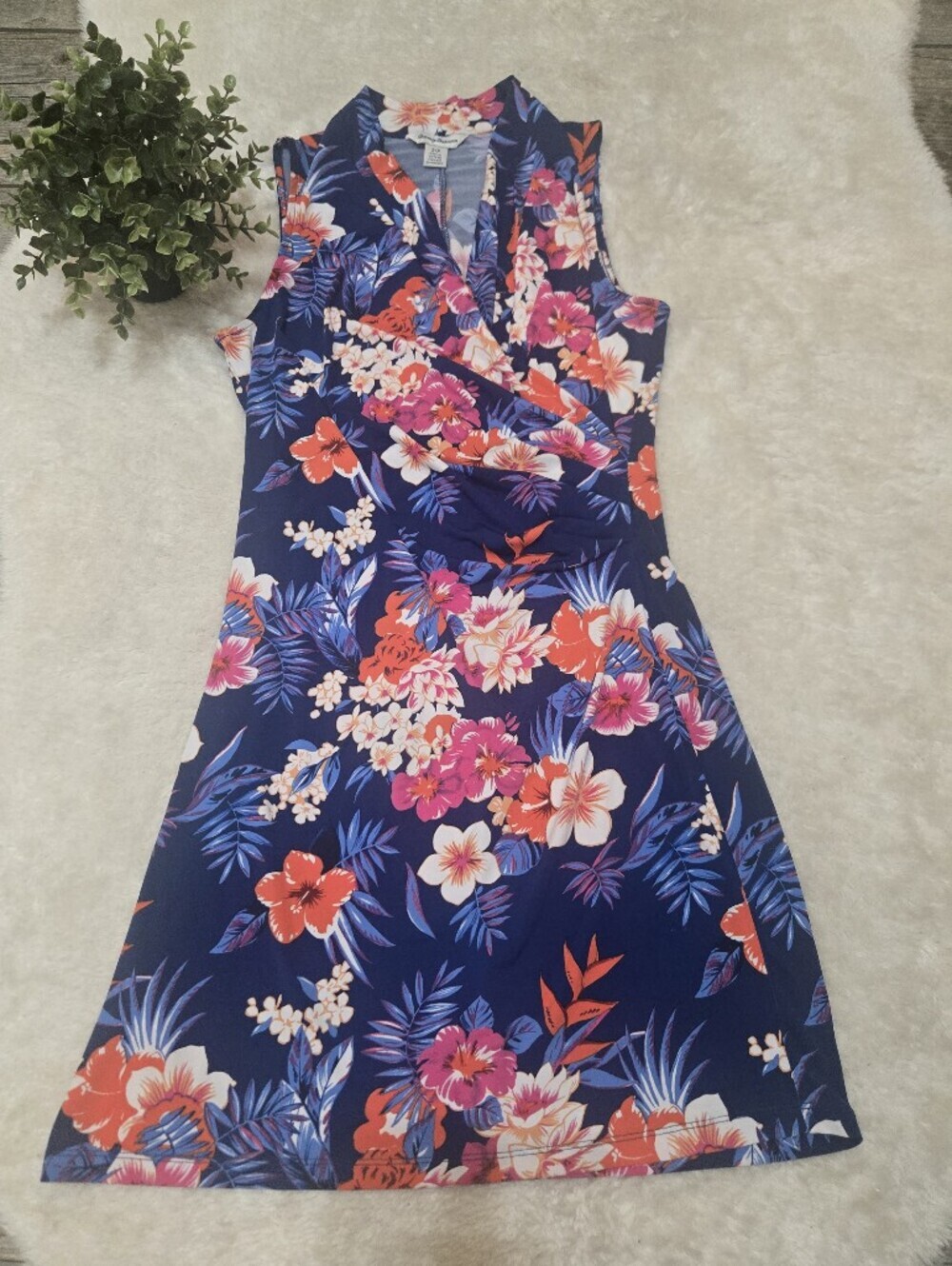 Tommy Bahama Navy Floral Tropical Faux-Wrap Jersey Resortwear Dress, Small